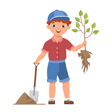 Little boy planting a tree. Happy child gardening, save nature vector cartoon illustration