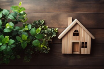 The business concept of FIRST TIME HOME BUYER is depicted through an aerial perspective of a wooden toy house and a plant placed on a wooden background.