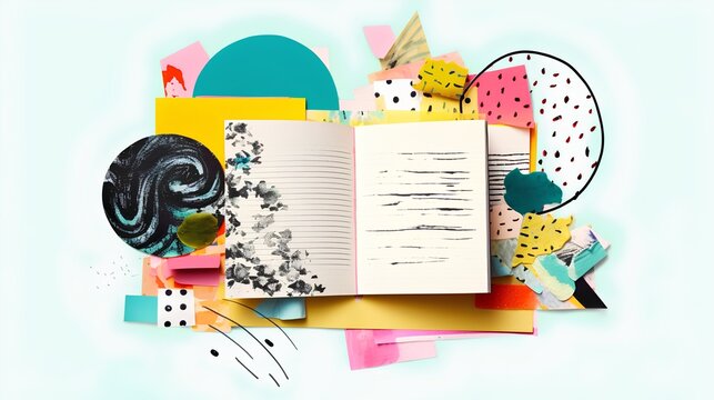 Art style collage featuring the concept of journaling. The therapeutic process of expressing thoughts and emotions on paper, providing a window into self-reflection and mindfulness. Generative AI
