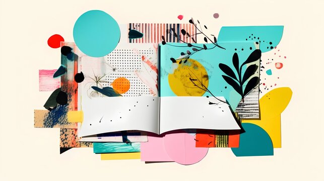 Art style collage featuring the concept of journaling. The therapeutic process of expressing thoughts and emotions on paper, providing a window into self-reflection and mindfulness. Generative AI