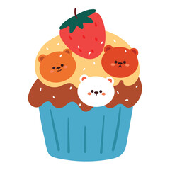 hand drawing cartoon cute cupcake design with bear and fruit. cute dessert design for icon and sticker
