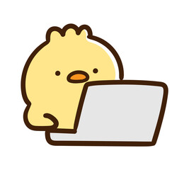 パソコン仕事をするかわいいひよこのキャラクターの手書きイラスト © choconasu
