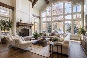 The living room of this exquisite new luxury home boasts elegant hardwood flooring, a spacious array of windows, a lofty vaulted ceiling, and a captivating fireplace.