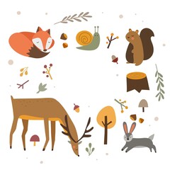autumn illustration fox deer beaver and leaves and acorns on white background