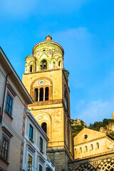 Bell tower of Amalfi Cathedral, decorated with marble and majolica