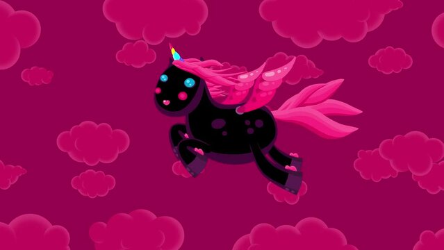Black cartoon single unicorn flying on crimson clouds sky background. Cute valentine's day animation good as backdrop for intro, party, television programme, presentation, etc... Seamless loop.