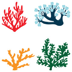 Fototapeta premium Cartoon corals set isolated on white background. Vecor illustration for your design, posters, textile, wedding invitation, business products. Underwater elements