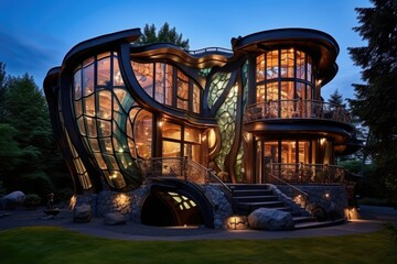 A stunning and extravagant dwelling during the evening twilight.
