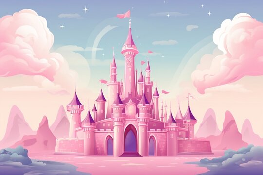 A dreamy cartoon castle with pink and pastel colors, Generative Ai