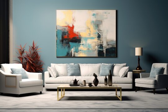 The background is a contemporary living room featuring a coffee table and sofa.