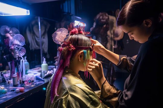 A hairdresser working backstage at a fashion show, collaborating with a team to create avant-garde hairstyles that align with the designer's vision. Generative AI