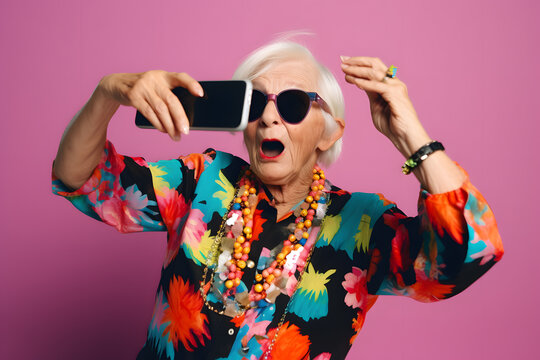 A humorous image of a senior person trying out a trendy social media challenge or dance craze, with a fun and contagious enthusiasm that defies age stereotypes. Generative AI