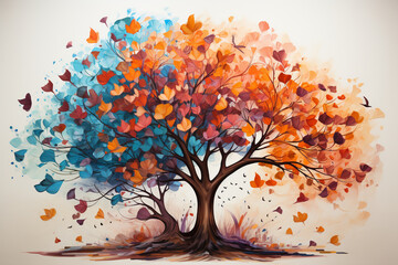 A watercolor artwork of a tree surrounded by colorful leaves, symbolizing the role of trees in ozone protection Generative AI