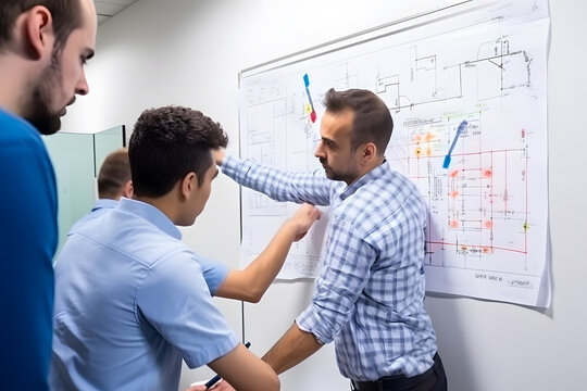 A mechanical engineer collaborating with a team, discussing blueprints and sketches on a whiteboard, engaging in problem-solving and brainstorming sessions. Generative AI