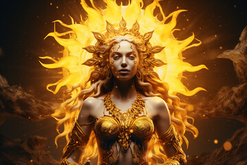 Solar plexus chakra concept, Statue in solar plexus having golden chakra in the background covering the atmosphere, Statue in yoga fully concentrated in plexus. - obrazy, fototapety, plakaty