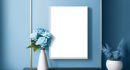 White vertical frame mockup in modern minimalist interior with flowers in trendy vase on blue wall background, Template for artwork, painting, photo or poster