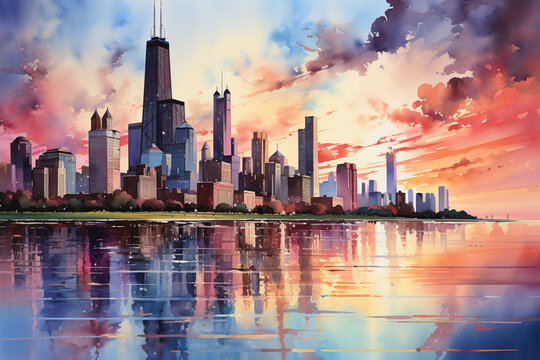 A vibrant watercolor painting of a cityscape with the ozone layer enveloping the skyline Generative AI