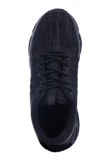 Sneaker one made of black fabric with lacing on a white background.
