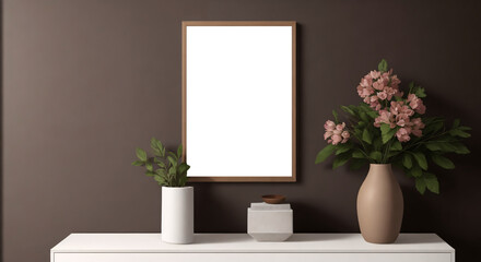 Brown vertical frame mockup in modern minimalist interior with flowers in trendy vase on dark wall background, Template for artwork, painting, photo or poster