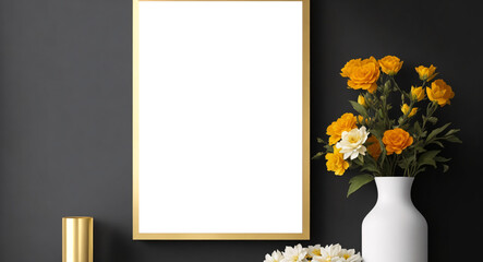 Light vertical frame mockup in modern minimalist interior with flowers in trendy vase on dark wall background, Template for artwork, painting, photo or poster