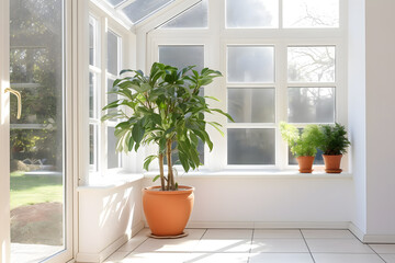 Fototapeta na wymiar Light-filled conservatory with an empty wall and a single potted plant as a natural focal point. Generative AI
