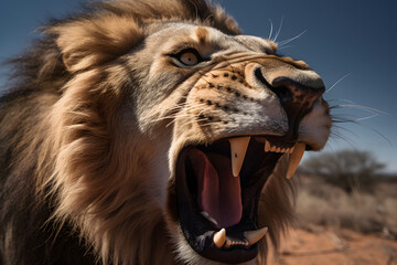 Up-close and dynamic shot of a roaring lion's face, captured with a wide-angle lens. Generative AI