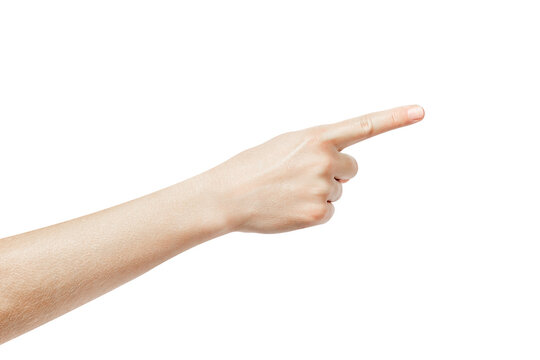 Pointing gesture isolated on white background. The index finger points to something.