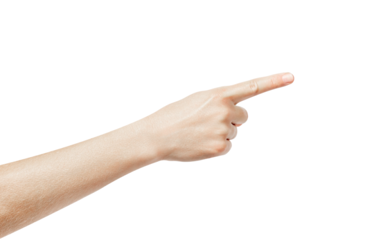 Pointing gesture isolated on white background. The index finger points to something.