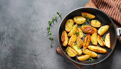 Roasted potatoes. Baked potato wedges in frying pan on dark stone background. Top view with copy space.