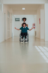 African-American hospital technician compassionately navigating the hospital hallways, pushing his wheelchair-bound colleague, symbolizing unity, support, and inclusivity