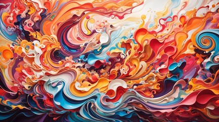 A vibrant, abstract landscape of swirling colors and shapes.