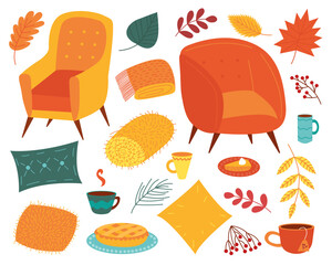 Set of autumn cozy elements. Vector cozy interior objects in cartoon style. Armchair, cushions, cup of tea and coffee, plaid, pumpkin pie and autumn leaves