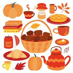 Vector autumn desserts set. Cute autumn food in cartoon style set. Basket with muffins, pumpkin pie, croissant, hot chocolate and tea
