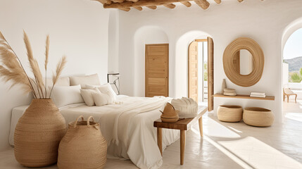 arquitectura interior de una habitacion en una casa tipica blanca mediterranea ibicenca, con muebles y decoracion natural, mimbre y madera