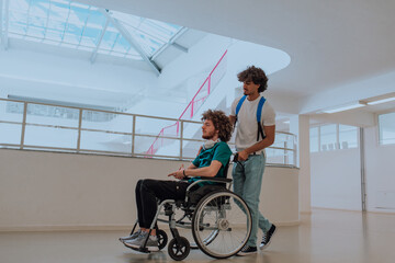 African American student pushing his friend's wheelchair through a modern school, demonstrating inclusion, accessibility, and the power of friendship.Assistance to people with disabilities