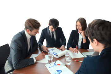 startup business team on meeting, brainstorming, working on laptop and tablet computer on a transparent background