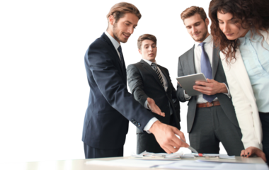 Group of young modern people in formalwear smiling and discussing something while working on a transparent background