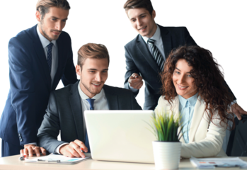 startup business team on meeting, brainstorming, working on laptop and tablet computer on a transparent background