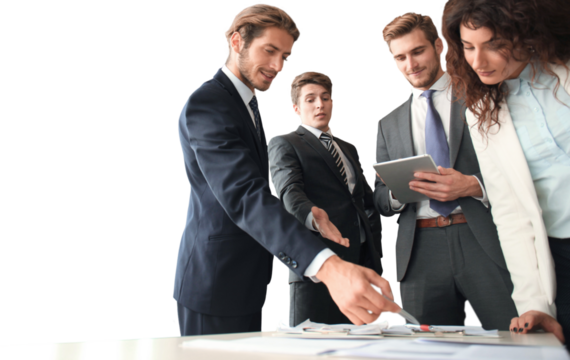 Group of young modern people in formalwear smiling and discussing something while working on a transparent background