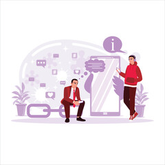 Two men who always use social media to carry out their daily activities. Trend modern vector flat illustration.