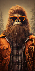 Fun hipster Bigfoot portrait dressed in clothing. Conceptual liberal Sasquatch disguised in human clothes.