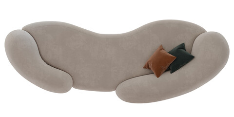 Top view of beige sofa with  brown and green pillows on transparent background 3d rendering	