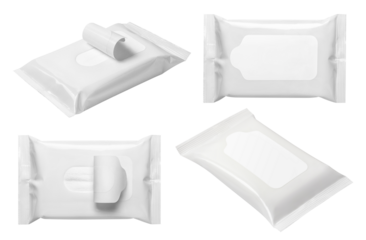 Set of white wet wipes flow pack, cut out