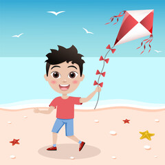 Children's toy kite flat clipart vector illustration.spending holidays in the seaside.cute kid colorful summer illustration.Happy vacation.Child playing with air kites and fly it to sky.Beach banner.