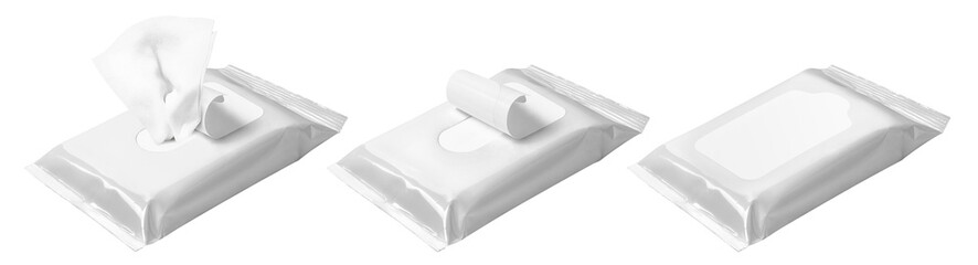 Set of white wet wipes flow pack, cut out