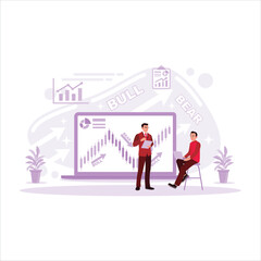 Man analyzing the stock market on a bull and bear background. Investment, risk, stock market, and finance concepts. Trend Modern vector flat illustration