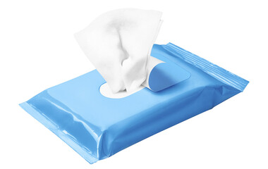 Blue wet wipes flow pack, cut out - obrazy, fototapety, plakaty
