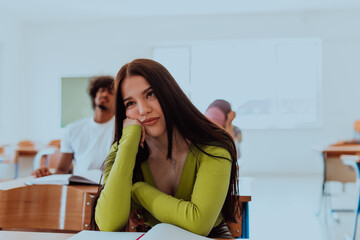 A weary-looking student sitting in front of a group of diverse students in a modern classroom, capturing the blend of exhaustion, learning, and collaboration in their academic journey
