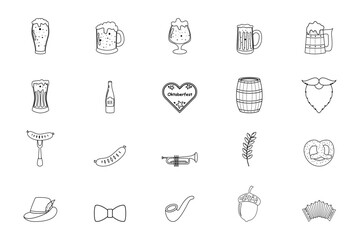 Oktoberfest Beer Festival element set. gingerbread, accordion, beer, grilled sausage on fork, smoking pipe and ets.