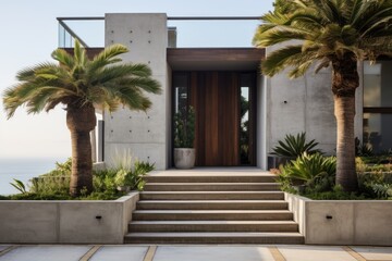 The house is situated on a hill, offering a vantage point that oversees the entrance, enhanced by the presence of two stunning planters adorning the front door.